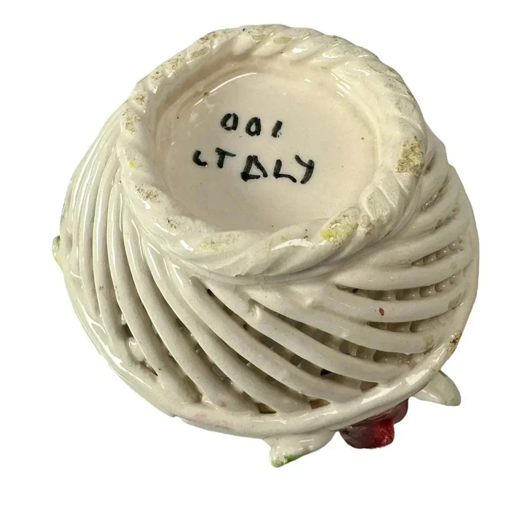 Capodimonte Vintage Art Woven Rope Vase Italy. White w/ Yellow & Red Roses Set - Picture 6 of 11